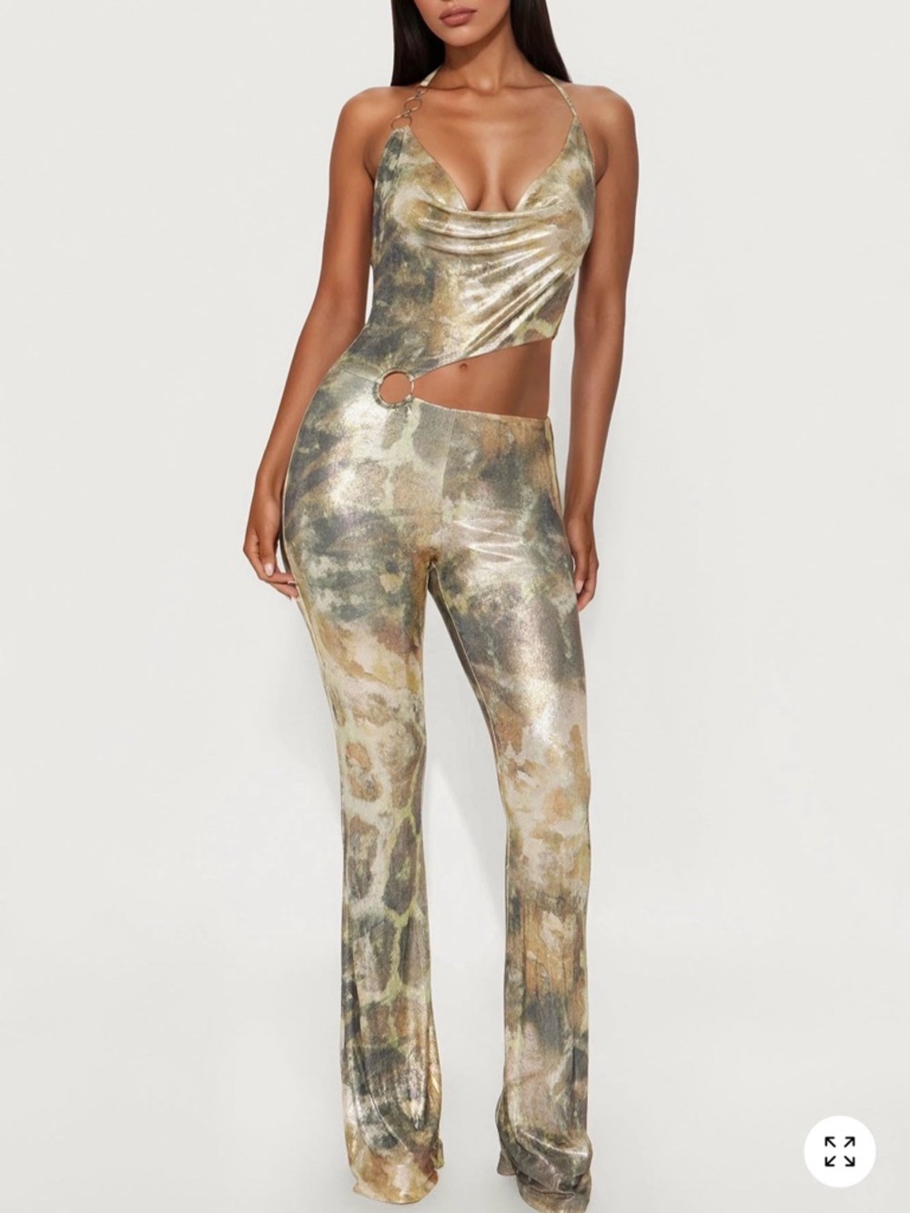 Fashion Nova Metallic Animal-Print Cutout Jumpsuit in Gold and Green